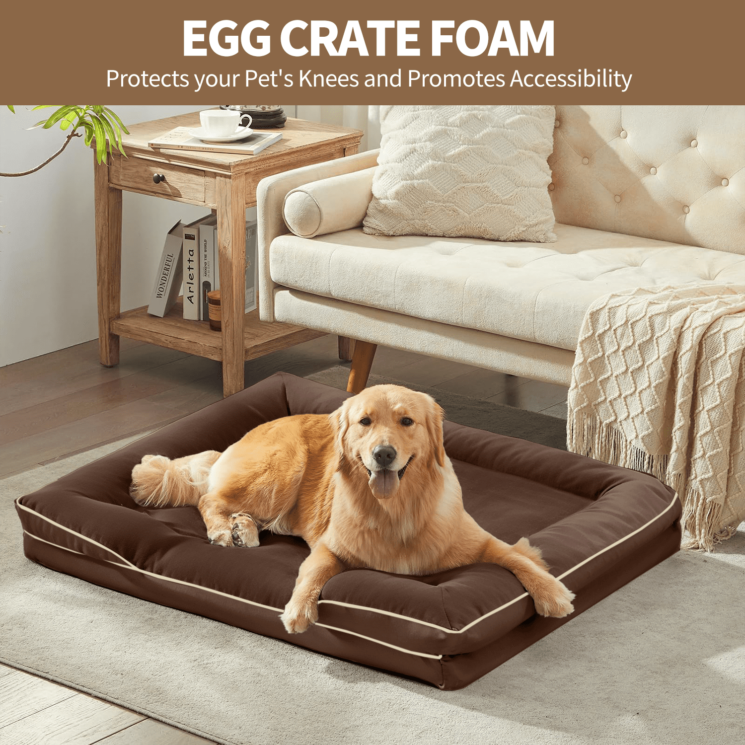 PayUSD Orthopedic Dog Bed for Extra Large Dogs Waterproof Memory Foam Dog Sofa Beds with Sides Non-Slip Bottom and Egg-Crate Foam Dog Bed with Removable Washable Cover,Chocolate(44"Lx32"W x6.5"Th)