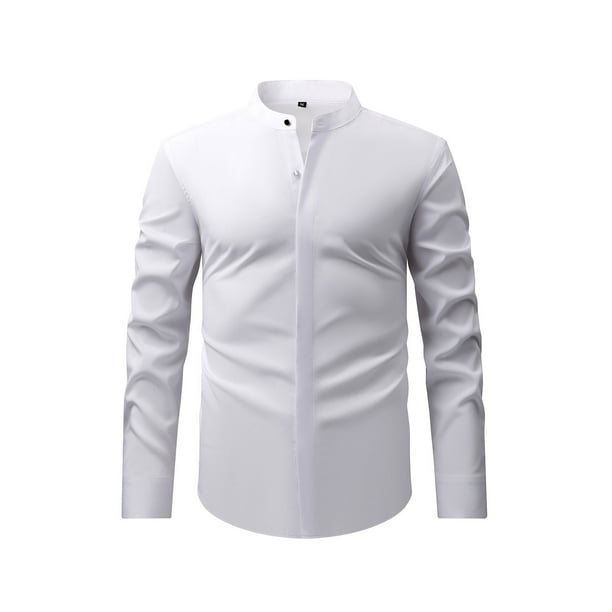 Blusa y camisa de cuello alto de manga larga para hombre, moda masculina, color liso, cuello alto, cárdigan, camisa de negocios, botones, blusa de poliéster para hombre