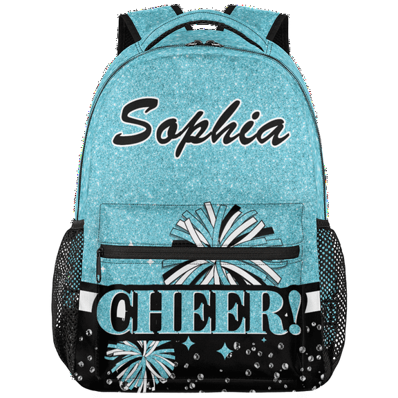Jiaoprinted Personalized Cheerleader Backpack Custom Azure Glitter Cheer Backpack with Name Customized Lightweight Travel Causual Bag for Women