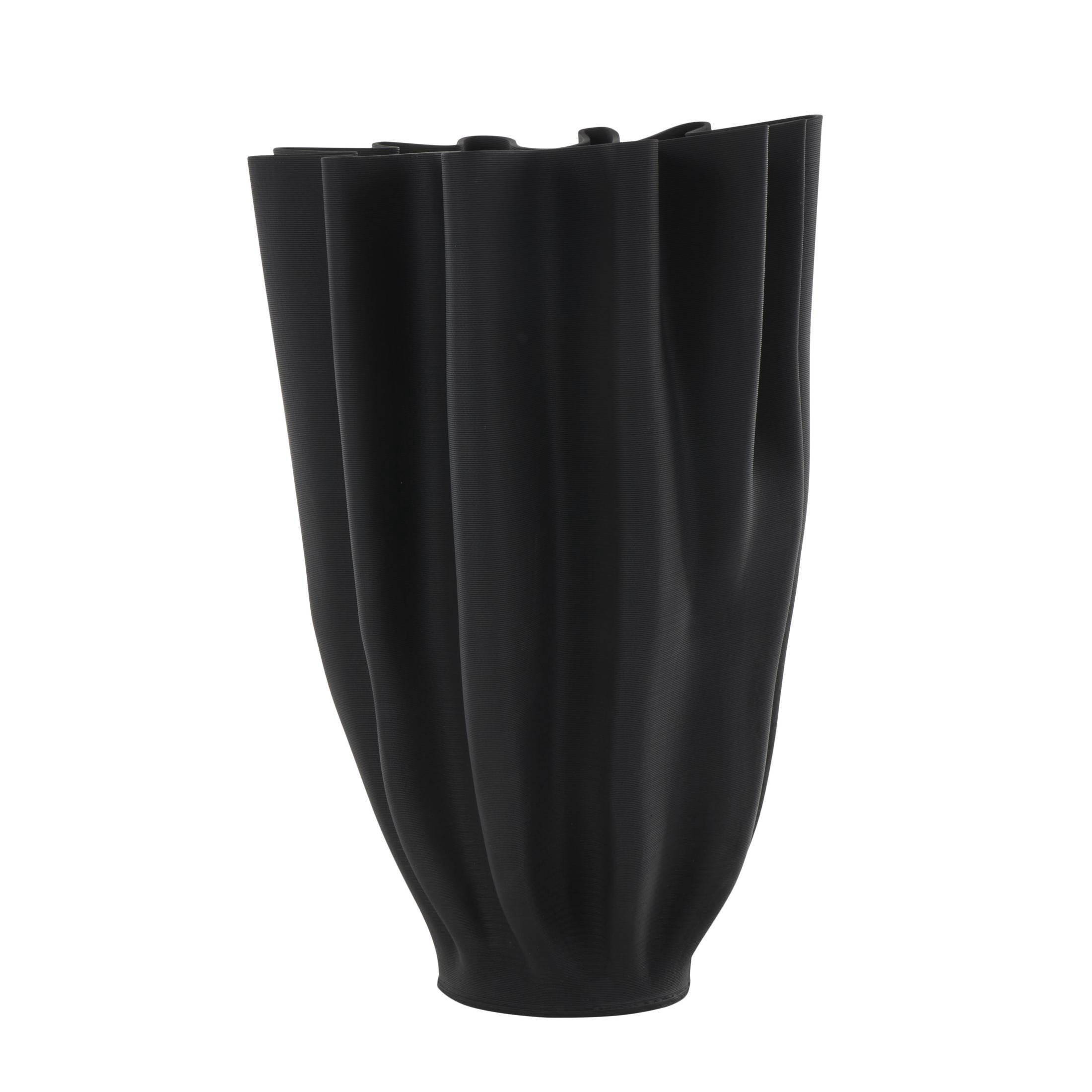 DecMode 15" Abstract Dimensional Ribbed Tulip Black Ceramic Vase with Angular Rim