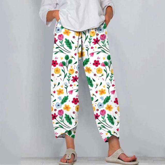 zanvin Pantalon en Lin pour Femmes, Mode Femme Été Décontractée Ample à Poches Droit Imprimé Pantalon Pantalon Cargo Femmes