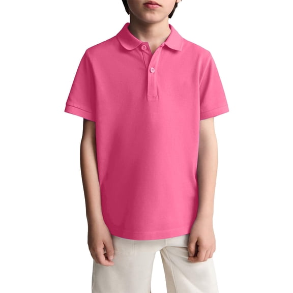 Boys School Uniform Short Sleeve Polo Shirt, Button Closure, Comfortable & Soft Pique Fabric Pink Size 10-11