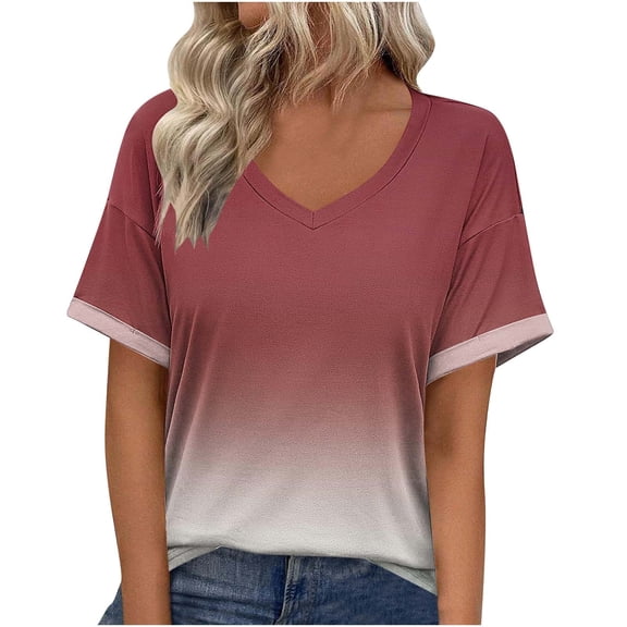 Plus Size T-shirts for Women, Trendy Gradient Color V Neck Tshirts Summer Casual Loose Tops S-5X (XL, Red)