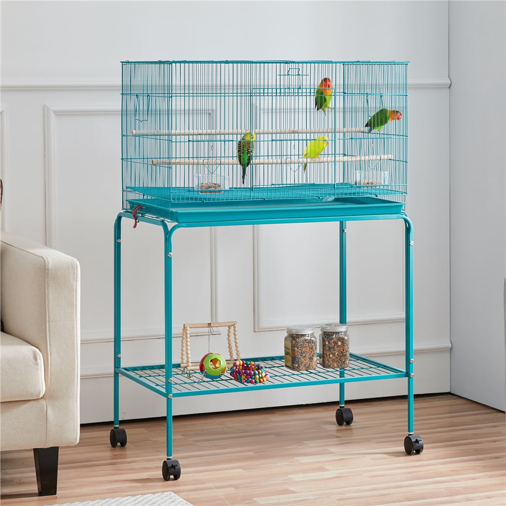 Alden Design 47" Metal Bird Cage with Slide-Out Tray and Rolling Stand, Teal Blue