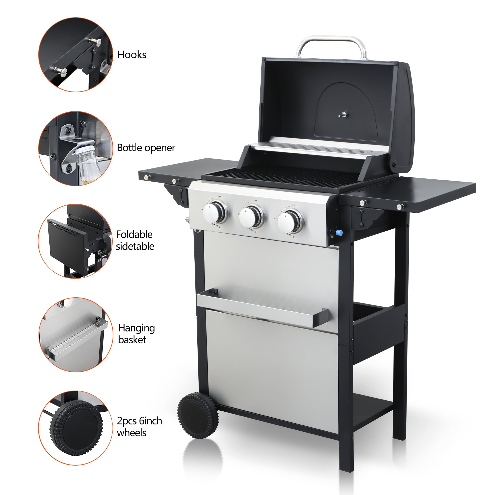3-Burner Propane Gas BBQ Grill, 25650BTU Stainless Steel Outdoor Barbecue with Foldable Side Tables, Enamel Cooking Grids & Auto Ignition – Perfect for Garden, Patio, and Camping