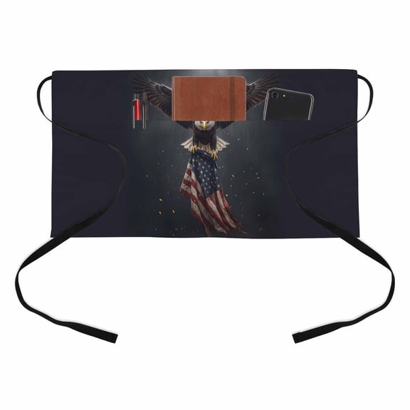 Independence Day Bald Eagle Kitchen Restaurant Half Waist Apron, Patriotic Red Stripe Blue Star American Flag Server Short Apron with 3 Pockets Waterproof Oil Waist Aprons for Women Waitress Waiter