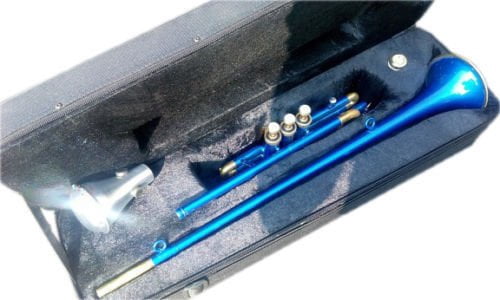 FLAG TRUMPET Low Pitch BLUE.Brass Musical.Instrument With Cushioned Hard Case..