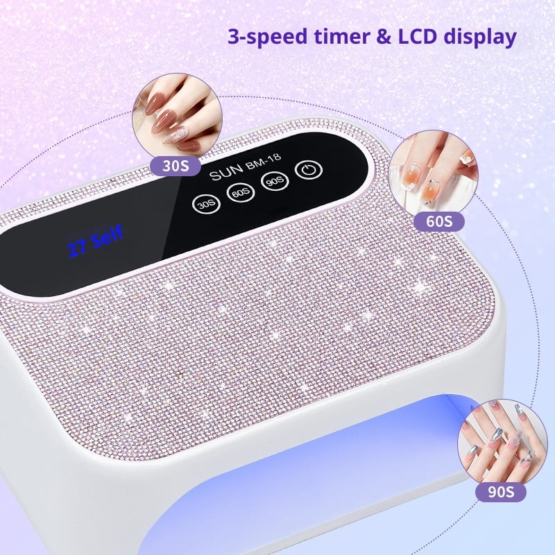Cordless UV Nail Lamp, 168W Rechargeable UV Gel Nail Light, Sparkling Rhinestones Diamond UV Light, Professional Fast Curing Nail Dryer with 3 Timers Touch Control Auto Sensor