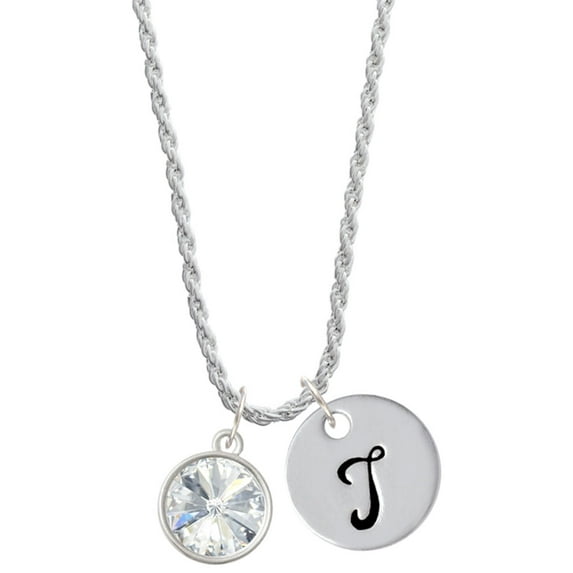 Delight Jewelry 12mm Crystal Rivoli - Clear Silvertone Script Initial Disc - T - Charm Necklace, 20"+3"
