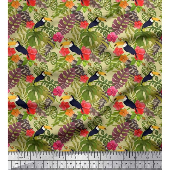 Soimoi Poly Georgette Fabric Tropical Leaves,Floral & Toucan Bird Print Sewing Fabric Yard 52 Inch Wide