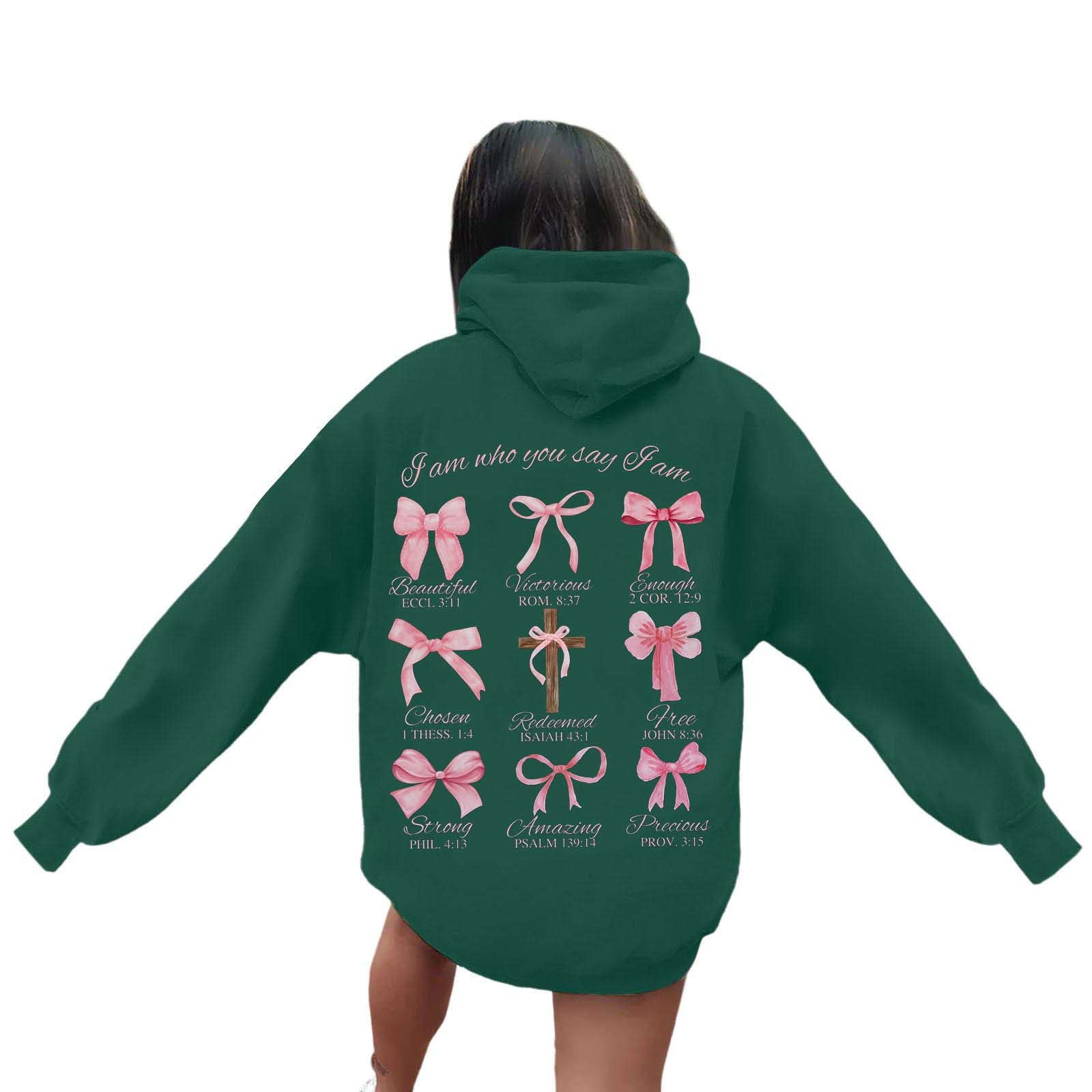 XIAOCHA Womens Hoodies Long Sleeve Cross Pink Bows Print Hooded Sweatshirts Loose Fit Kangaroo Pocket Drawstring Pullover Hooded
