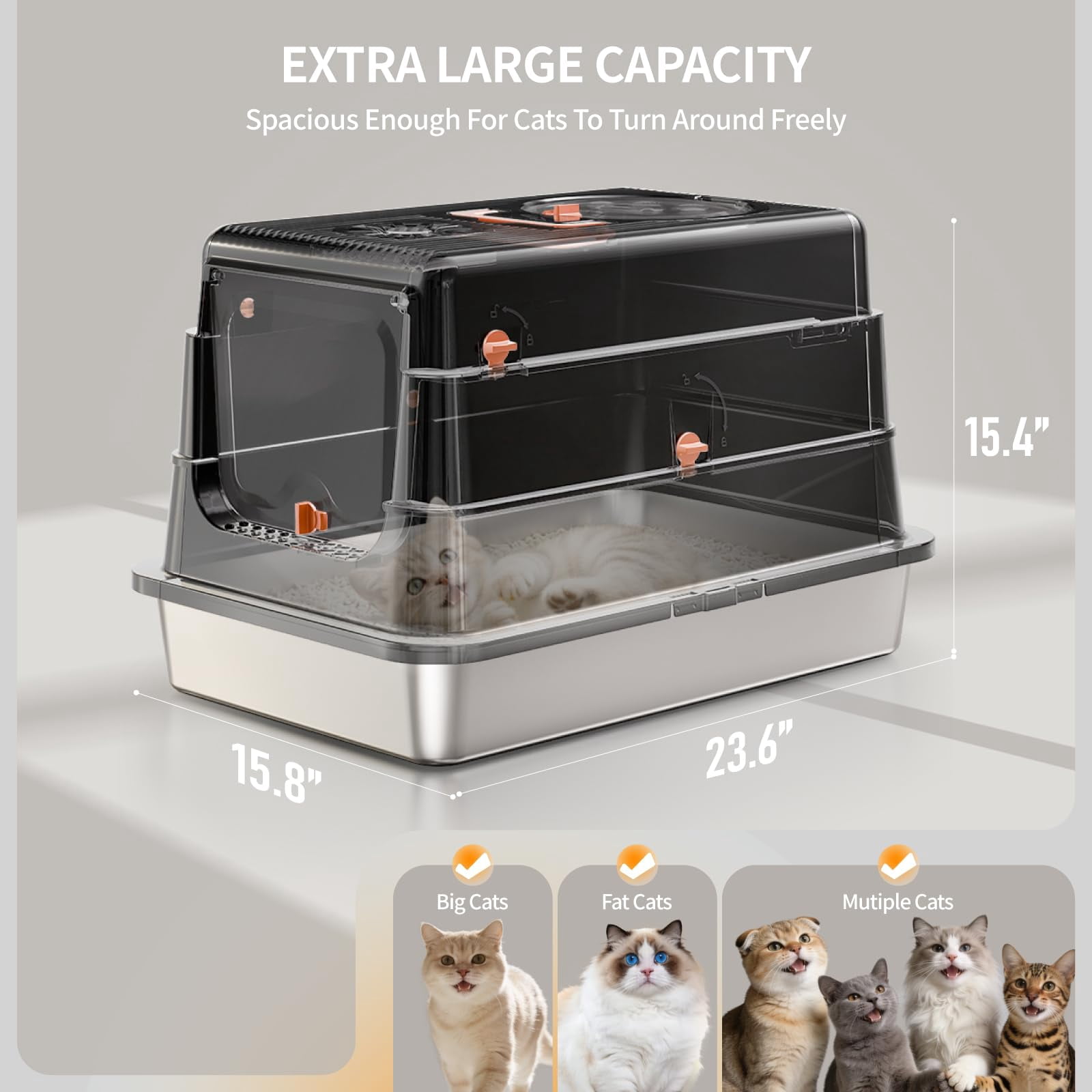 Stainless Steel Cat Litter Box With Lid  Enclosed Extra Large Metal Pan For Big Cats Full Flip Cover High Sided Litterbox Include Scoop Easy Cleaning Non-stick Black