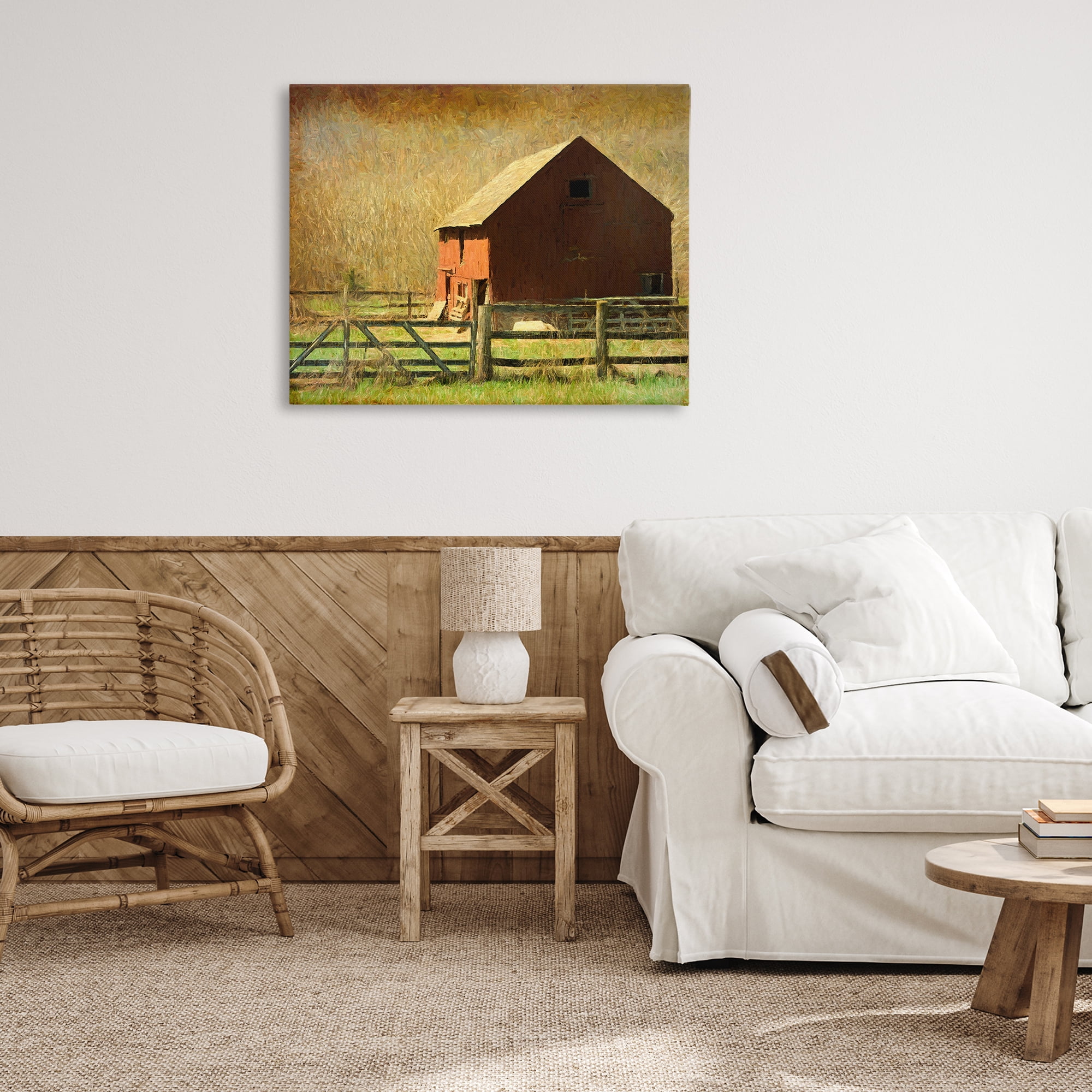 Stupell Industries Red Barn Distressed Pattern Landscape & Nature Painting Wrapped Canvas Art Print Wall Art, 40 x 30