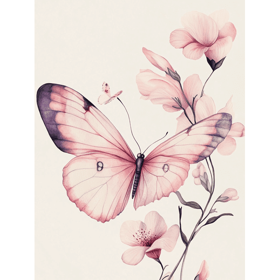 Pink Butterfly and Flowers Canvas Wall Art, Suitable for Living Room, Bedroom, Bathroom, Office, and Dining Room Decoration.