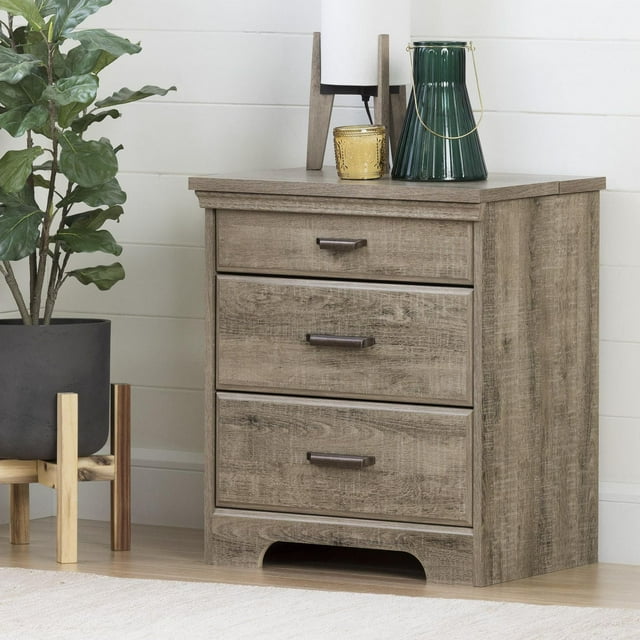 South Shore Versa Nightstand with Charging Station and Drawers for Adult, in Weathered Oak