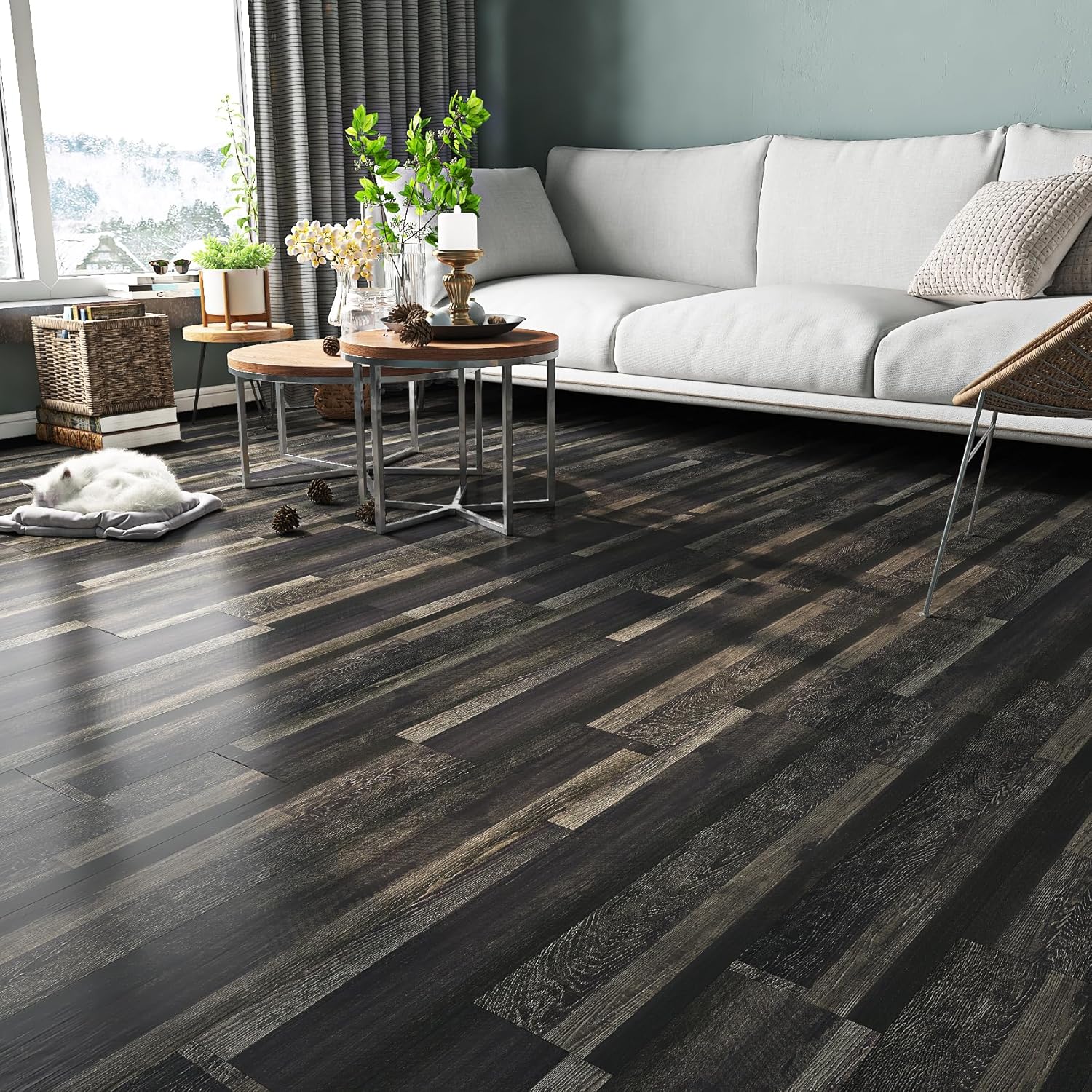 Retro Black Peel and Stick Floor Tile 12x12 4-Tiles Luxury Vinyl Plank Flooring Waterproof Kitchen Floor Tiles Self Adhesive Laminate Square Vinyl Sheet Flooring PVC Natural Black Walnut