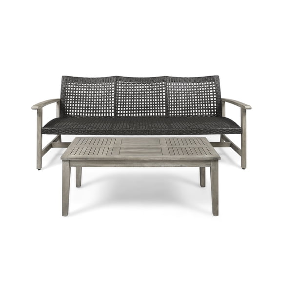 Noble House Hampton Outdoor Wood and Wicker Sofa and Coffee Table in Black