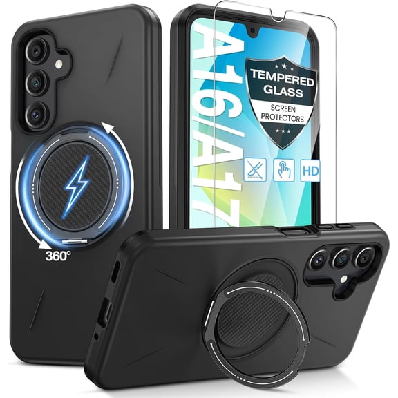 REQO for Samsung Galaxy A16/A17 5G Phone Case with 360° Kickstand Ring & Tempered Glass Screen Protector [Compatible with MagSafe], Dual-Layer PC & TPU Shockproof Bumper Case for A16 5G/A17 4G 5G