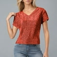 thumbnail image 5 of Wyobmus Sequin Sparkly Tops for Women Reffled Short Sleeve V Neck Tops Solid Color Sequin Glitter Shirt for Party Evening Cocktail S-2X Red, 5 of 5