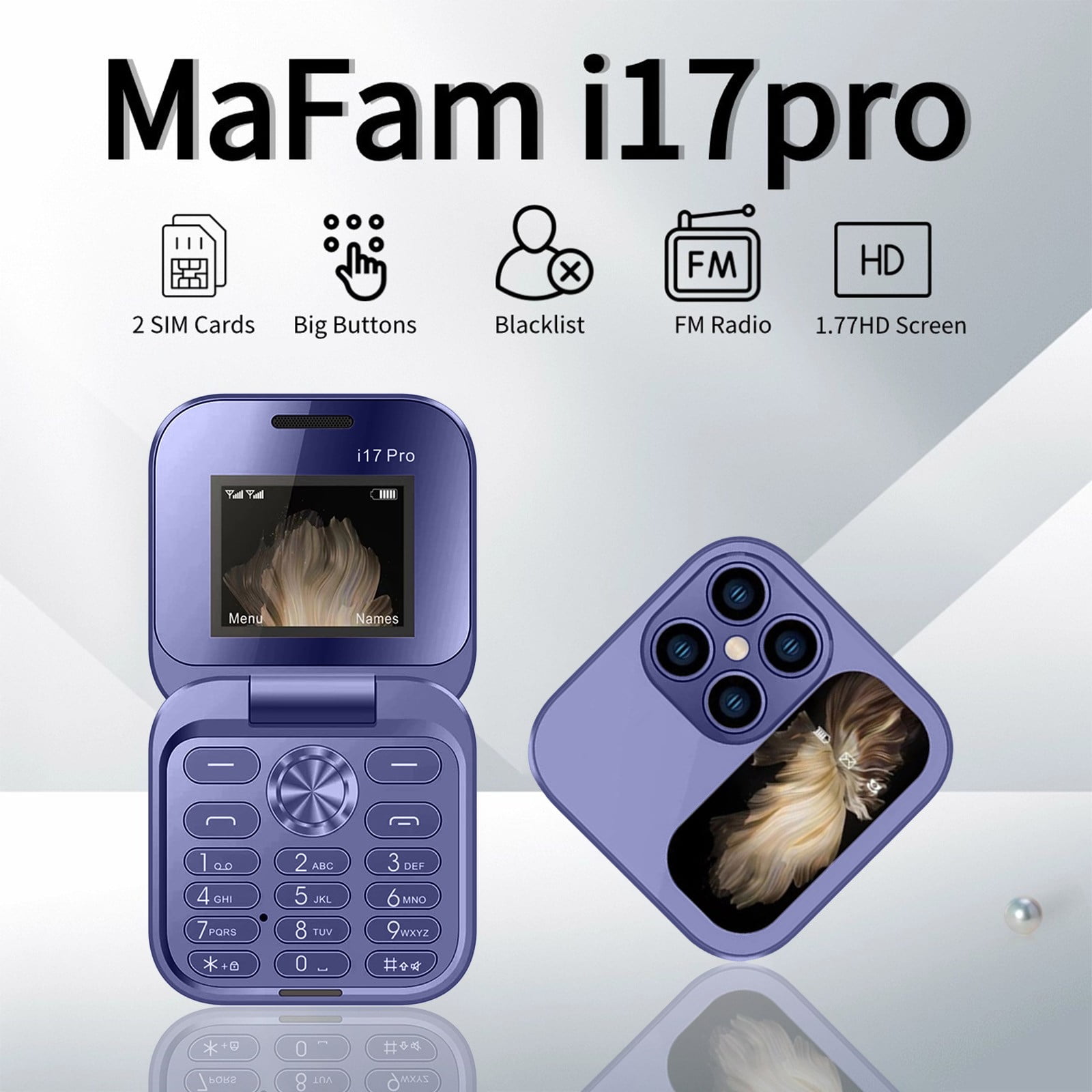 2024 i17 Pro Mini Flip Phone - Unlocked 2G Cell Phone for Seniors, Dual SIM, 1.77" Display, Large Buttons, 1000mAh Battery, Loud Speaker, Foldable Mobile Phone