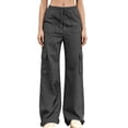 thumbnail image 2 of Usloyux Women's Drawstring Cargo Pants Wide Leg with Pockets Elastic Waisted Casual Solid Streetwear Lounge Long Pants for Vacation Travel, Dark Gray XL, 2 of 8