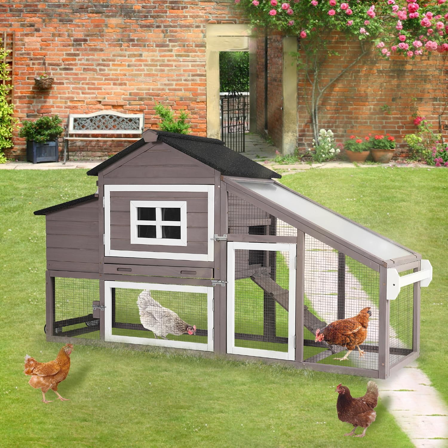 Chicken Coop Mobile Chicken House On Wheel Outdoor Rabbit Hutch for 2-4 Chickens 67"(Brown)