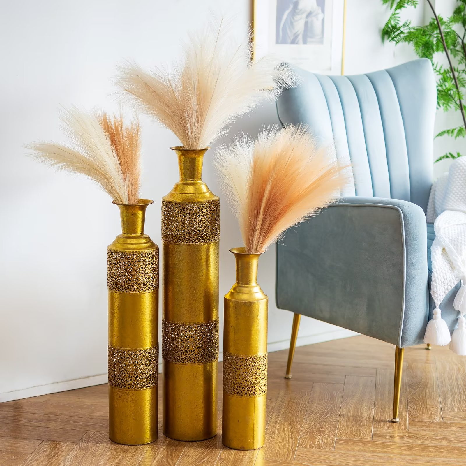 Tall Decorative Floor Vases 33"+27"+22"High Vintage Gold Metal Cylinder