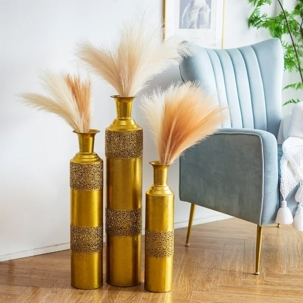 Tall Decorative Floor Vases 33"+27"+22"High Vintage Gold Metal Cylinder