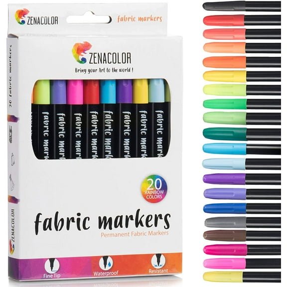 Zenacolor 20 Fabric Markers Pens Set - Non Toxic, Indelible and Permanent Fabric & Textile Fine Point Paint Marker