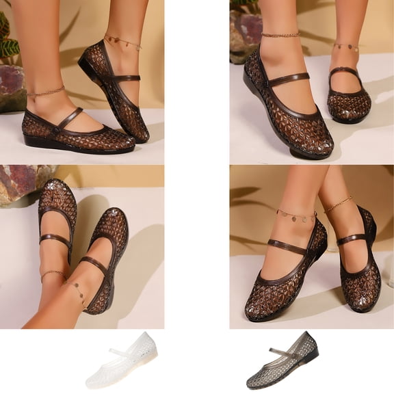 Samdudou Mary Jane Shoes for Women Closed Toe Hollow Out Jelly Flats Adjustable Buckle Strap Slip On Casual Summer Beach Vacation Sandals Water Friendly Lightweight Footwear