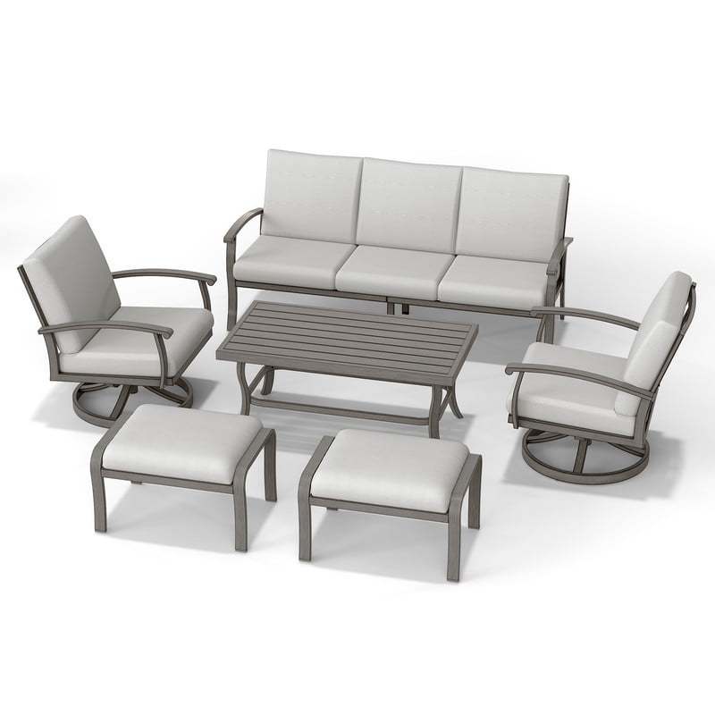 Patio Outdoor Furniture Set - 6 Pieces Aluminum Outdoor Conversation Set with 1 Three-Seater Sofa, 1 Coffee Table, 2 Swivel Chairs, and 2 Ottomans for Yard, Porch, and Deck