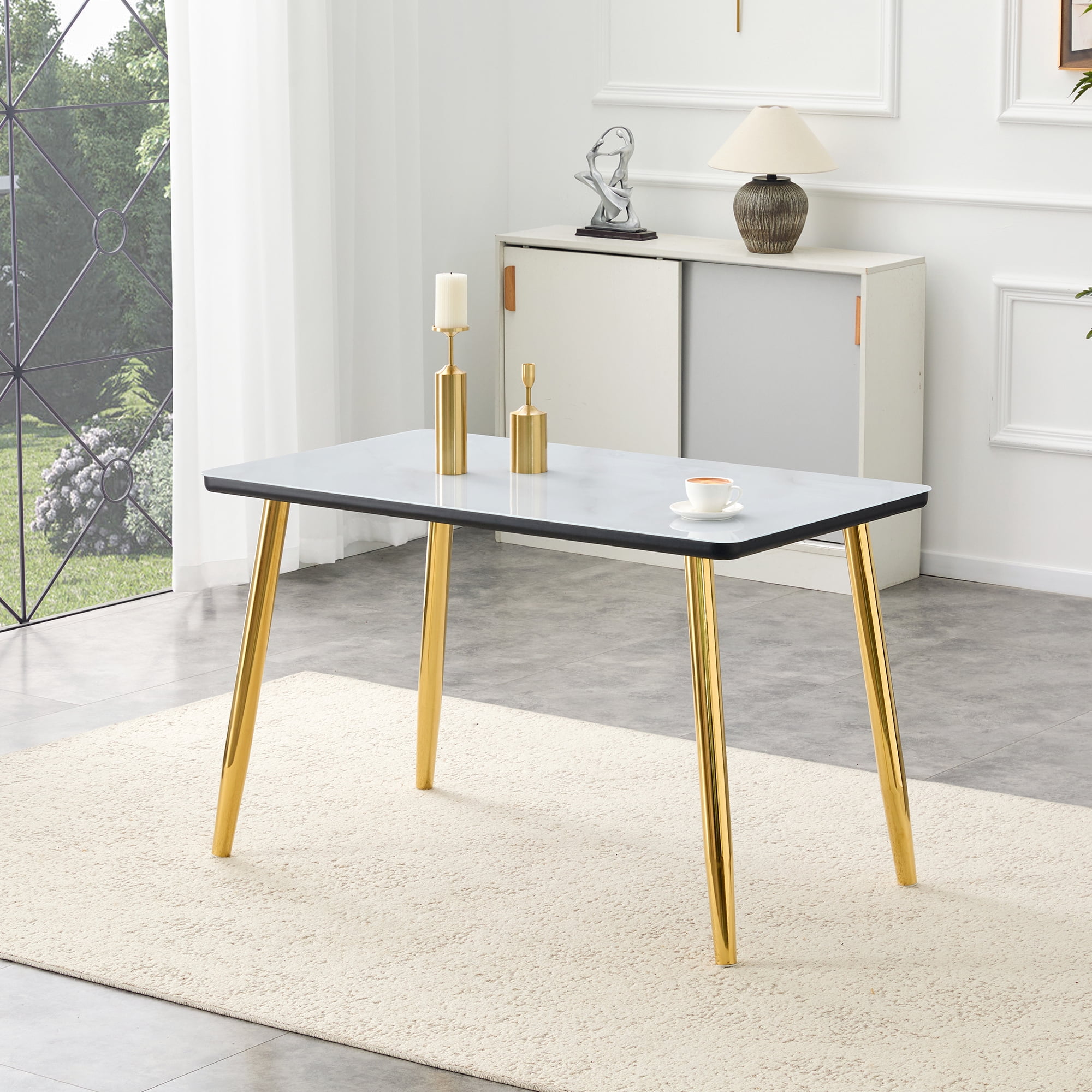 Mintazer 47.3 Inch Modern White Marble Vein Rectangular Dining Table with Tempered Glass Top & Black Table Edge, Minimalist Kitchen Table for 4-6 People, White & Gold