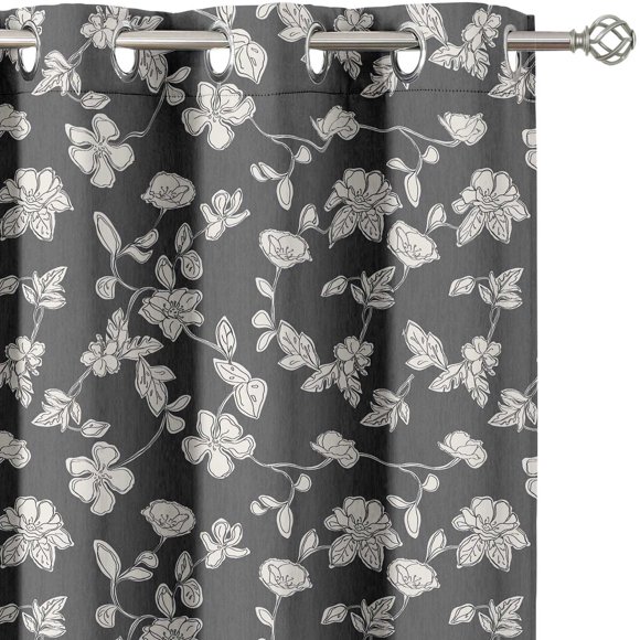 Vargottam Printed Blackout Curtains - Gray Floral Design, Set of 2 Panels, 42 x 72 Inches - Room Darkening, Thermal Insulated Window/Door Drapes with Grommets