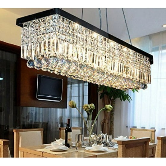 7pm W47 X D10 Modern Rain Drop Rectangle Clear K9 Crystal Chandelier Pendant Lamp Lighting Fixture 10 Lights For Dining Living Bedroom Room Black