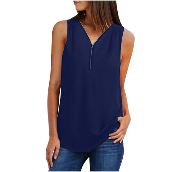 Ruimatai Women's Sleeveless Zip Tunic Blouse Summer Casual V-Neck Rollable Tank Top Lightweight Comfortable Stretchy T-Shirt