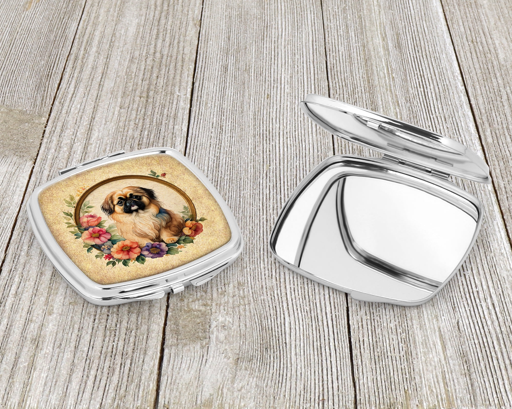 Pekingese and Flowers Compact Mirror 2.75 in x 3 in