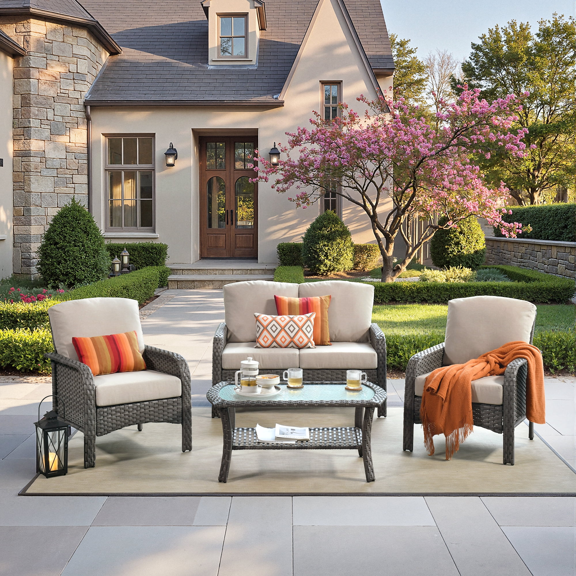 Vcatnet Patio Furniture Sets with Coffee Table 4 Pieces Sectional Sofa Rattan Wicker Outdoor Conversation Set with Loveseat Chair for Porch, Deck, Beige