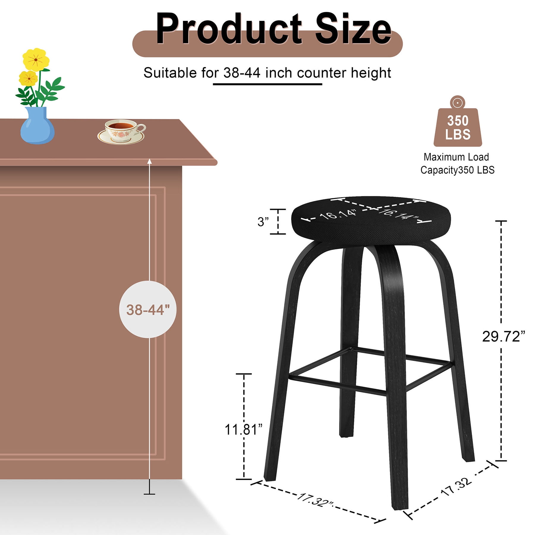 S-HOME Swivel Bar Stools Set Of 2,  Fabric Upholstered 30 Inch Height, Ideal For Restaurants And Home Use，Black