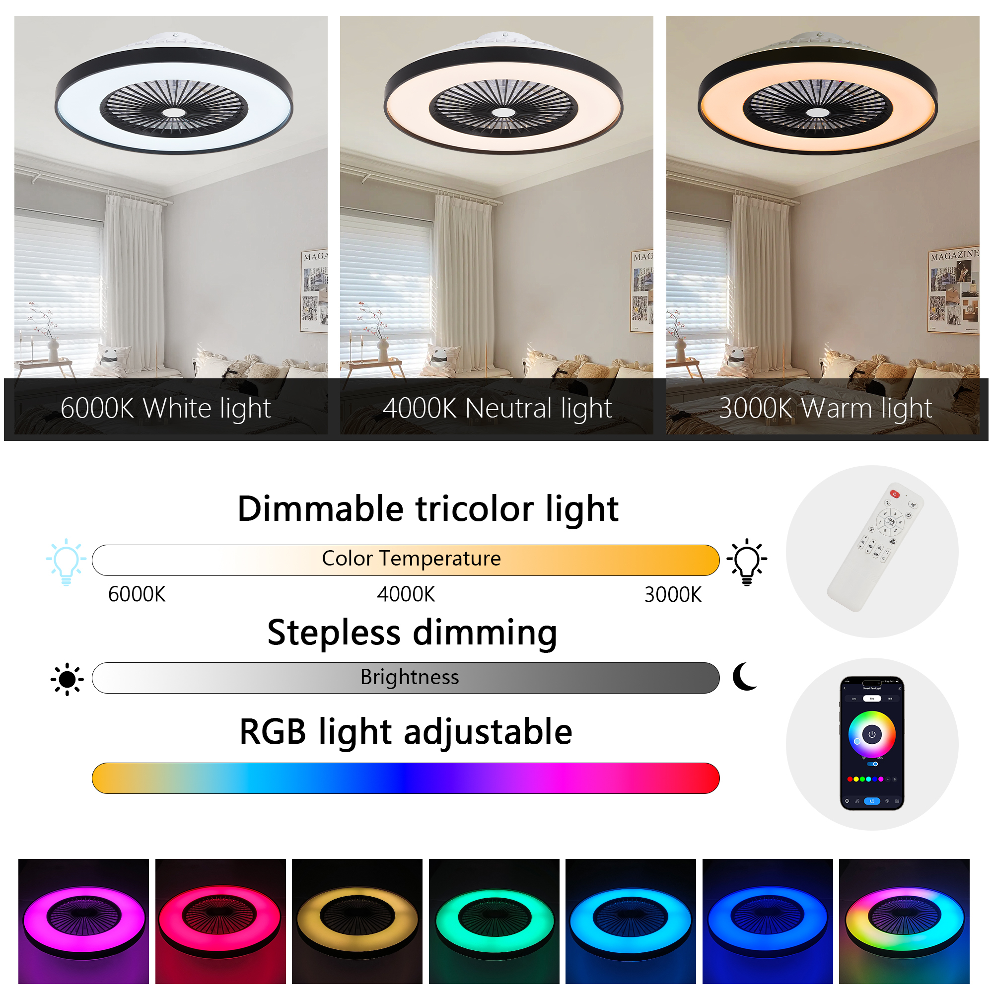 Leumius 23" Black Ceiling Fan Light with LED RGB, Dimmable & Color-Changing, APP & Remote Control, Modern Smart Ceiling Fan for Living Room Bedroom and Dining Room