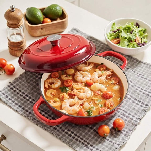 WFPXAMLZZMD Enameled Cast Iron Pot With Lid, Dual-Handle Cookware, Heavy-Duty, Ceramic Cookware Oven Compatible Up To 500°F, Ideal for Baking, Braising, Stews, Roasting-Red