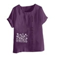 thumbnail image 4 of Staron T-Shirts d'Été pour Femmes en Liquidation Coton Lin Grande Taille Chic à Imprimé Floral Manches Courtes Retroussées T-Shirts Décontractés d'Été à Col Rond, 4 of 4