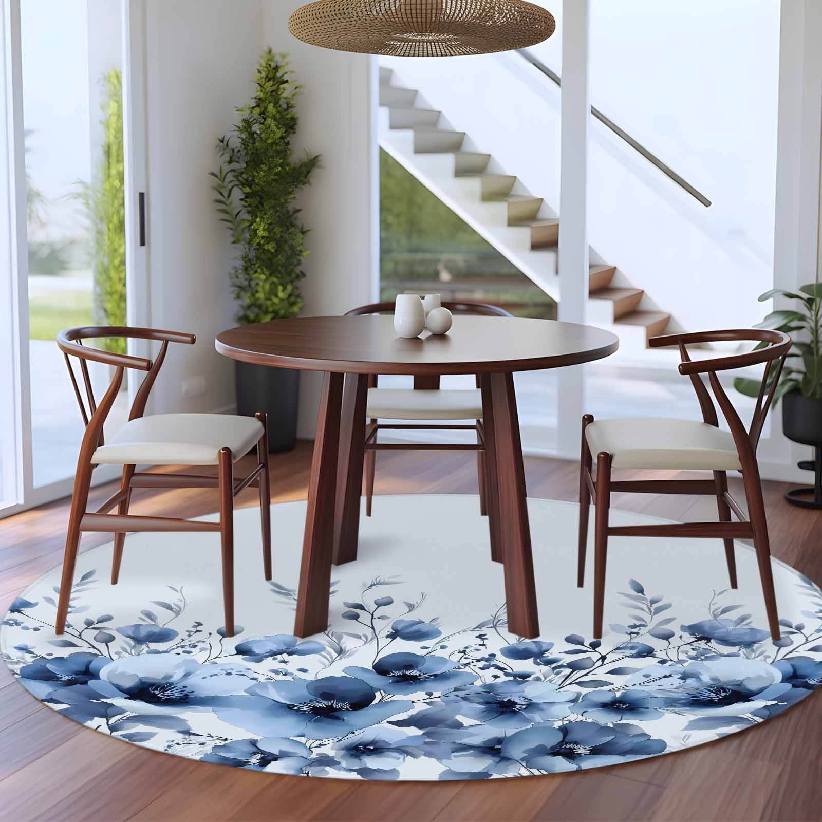 Round Rug 6Ft Washable Non-Slip, Blue Blooms Floral Circle Area Rugs for Living Room Bedroom, Spring Flowers Botanical Blue Ombre Indoor Floor Mats Carpet Runner for Home Decor Aesthetic