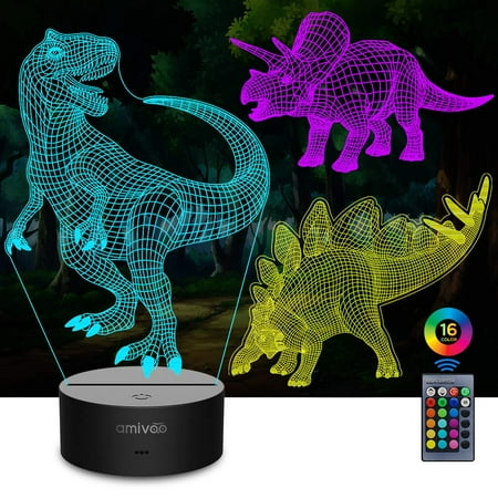 

3 in 1 Dinosaur 3D Night Lights for Kids 16 Colors Changing Dimmable Bedside Lamp with Remote Control Dinosaurs Toy Cool Gifts for Kids Boys Girls (T-rex+Triceratops+Stegosaurus)