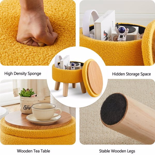 Storage Ottoman, Modern Round Footrest with Soft Padded Seat, Teddy Velvet Footstool with Wood Legs, Accent Small Table or Plant Stand for Living Room (Brilliant Yellow)