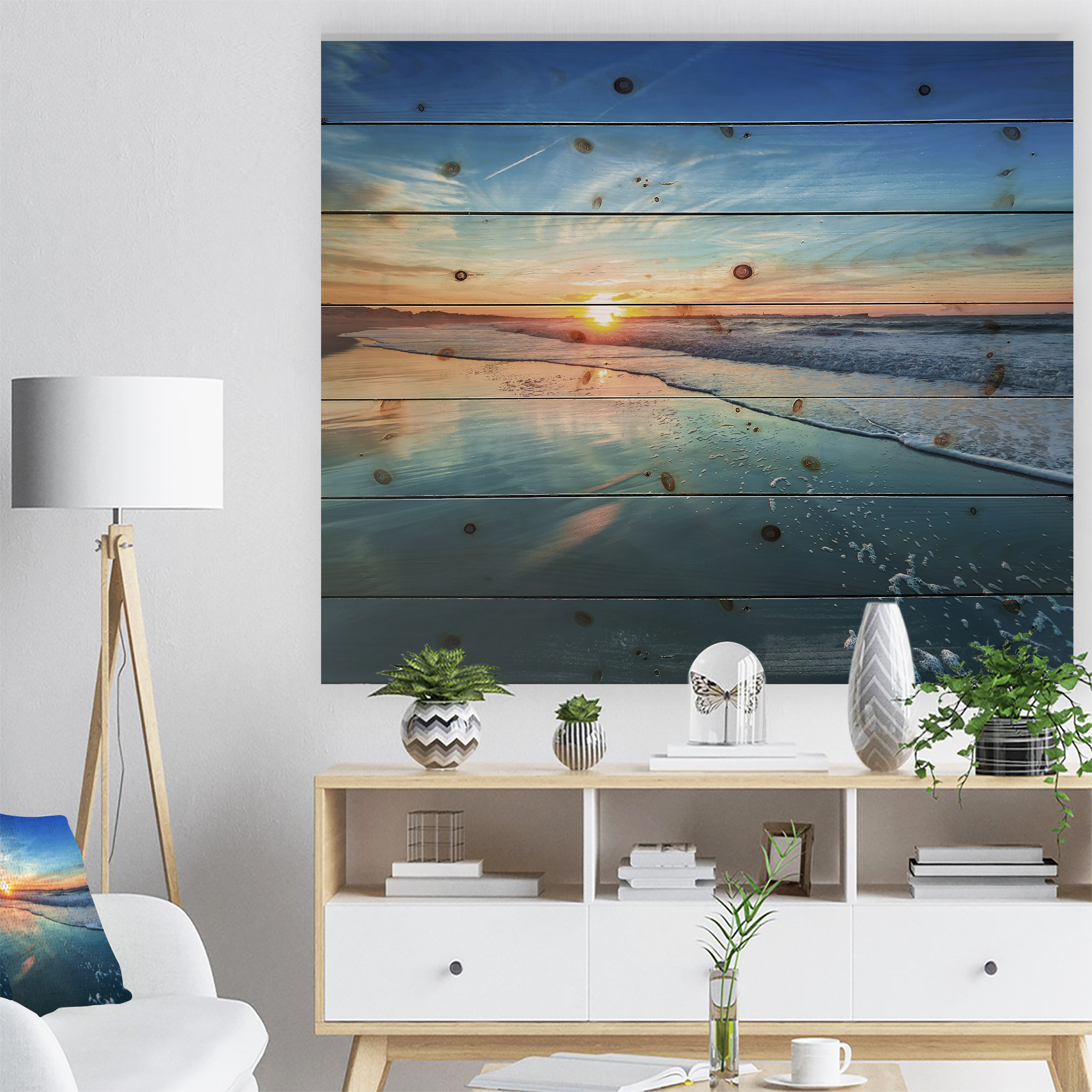 Designart Blue Seashore with Distant Sunset Seashore Print on Natural Pine Wood Art Print, 20" x 12"