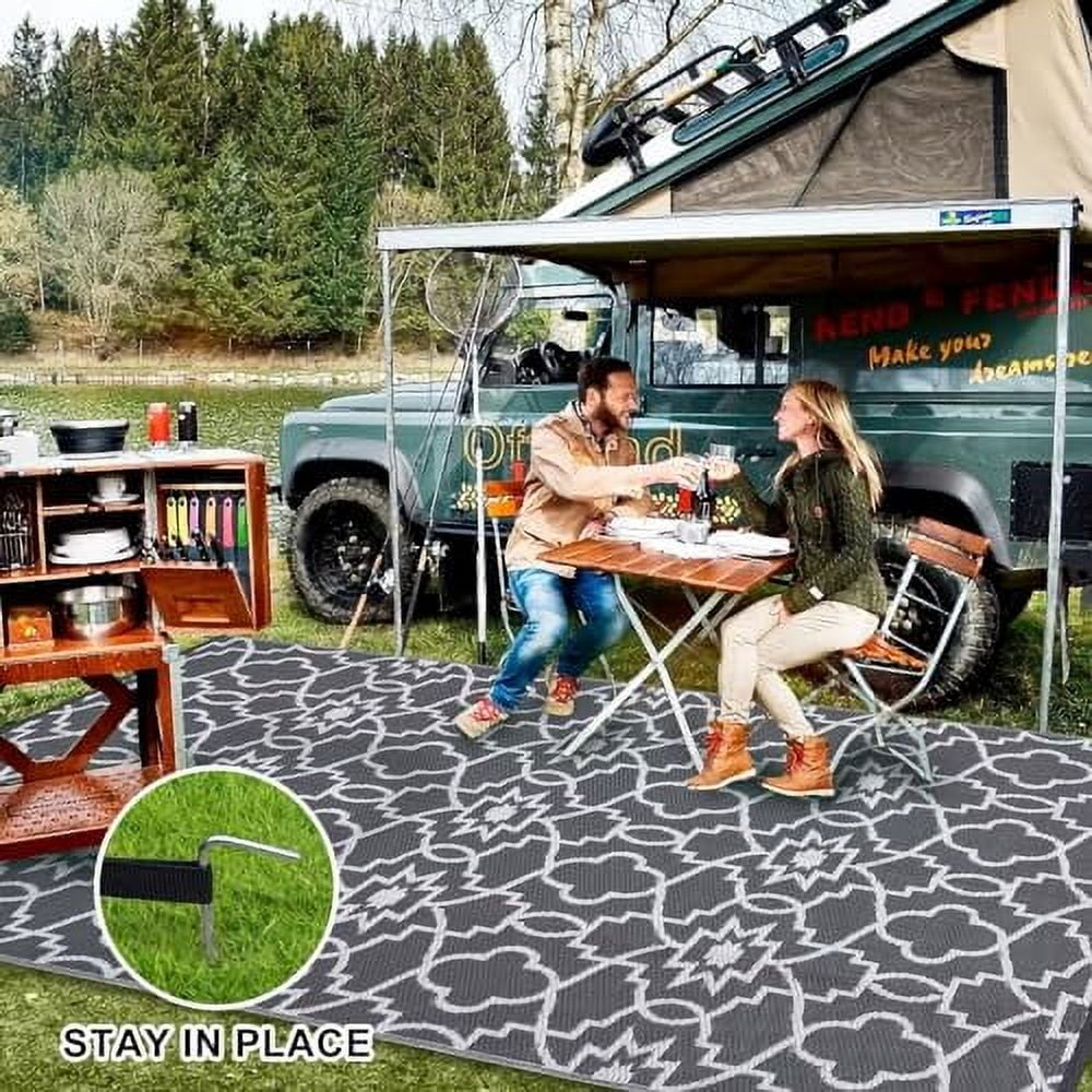 Outdoor Camping Rug for Patio 8x10/9x12/9x18 Stain-Resistant Modern Plastic Straw Rugs with Geometric Floral Pattern, UV-Resistant Reversible Mat for Picnic, RV, Porch, Deck