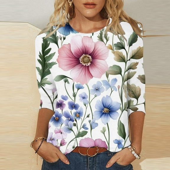 Jsaierl 3/4 Length Sleeve Tops for Women Summer Round Neck Shirts Fashion Graphic Petite Blouses Workout Loose Fit T-shirts Top S-2XL