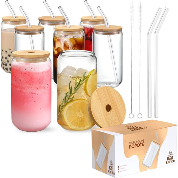 Juego de 8 Vasos de Cristal Baricoffee, Tapa de Bambú, 16 oz, Forma de Lata Vaso