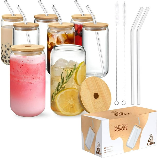 Juego de 8 Vasos de Cristal Baricoffee, Tapa de Bambú, 16 oz, Forma de Lata Vaso