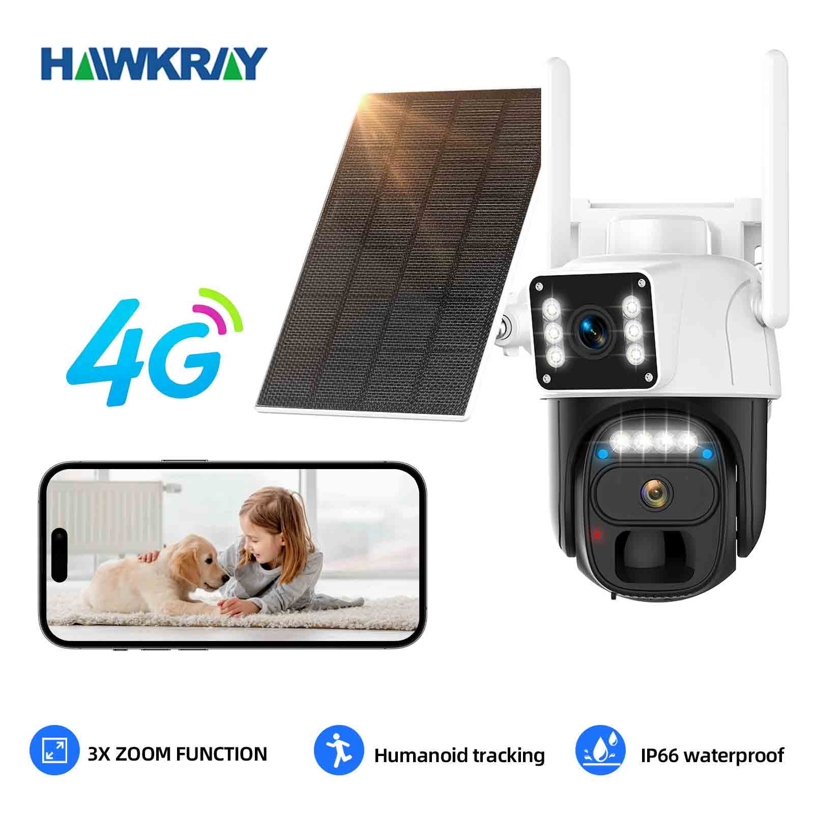 Hawkray solar safety 4G camera-360 dual lens, without WFI, spotlight/siren alarm, 3mp color night vision, 3mp color night vision, IP66 waterproof, 8000mAh.